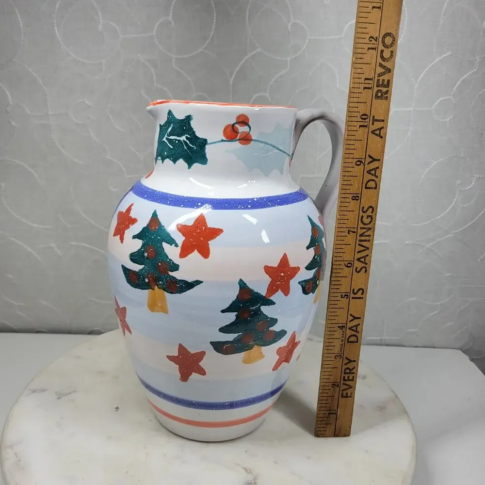 Pier 1 Italian Ceramic Pitcher Hand Painted Christmas Trees Floral Stars